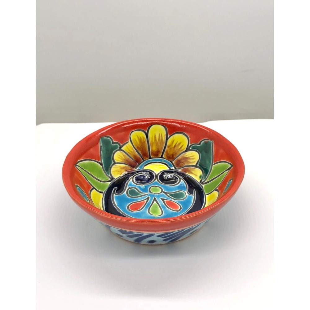 GTO Mexico Talavera Pottery Hand Painted Floral Ceramic Bowl Red Blue 6.5"